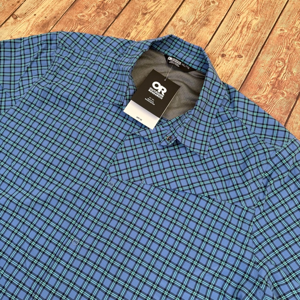 Outdoor Research Astroman Sun Shirt Mens XXL 2XL Blue Plaid UPF 30 Snap Front